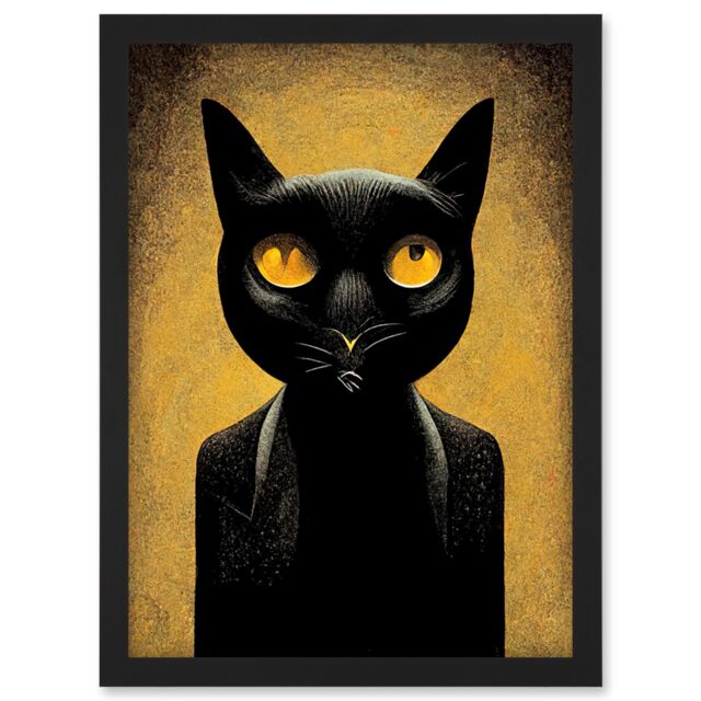 Artery8 Black Cat Le Chat Noir Modern Mustard Artwork Framed Wall Art Print A4 - image 1