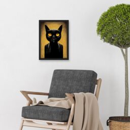 Artery8 Black Cat Le Chat Noir Modern Mustard Artwork Framed Wall Art Print A4 - thumbnail 2
