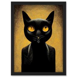 Artery8 Black Cat Le Chat Noir Modern Mustard Artwork Framed Wall Art Print A4 - thumbnail 1