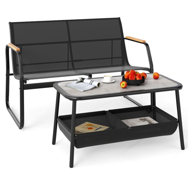Gymax 2PCS Outdoor Loveseat Set With Coffee Table 2 Storage Basket Armrest in Black - image 1