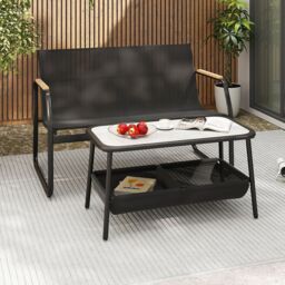 Gymax 2PCS Outdoor Loveseat Set With Coffee Table 2 Storage Basket Armrest in Black - thumbnail 9
