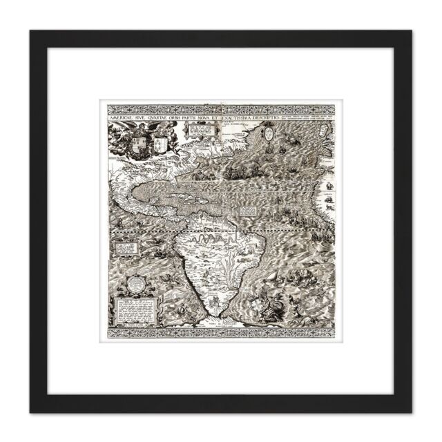 Artery8 Map Antique Gutierrez 1562 Americas Atlantic Replica 8X8 Inch Square Wooden Framed Wall Art Print Picture with Mount in Black - image 1