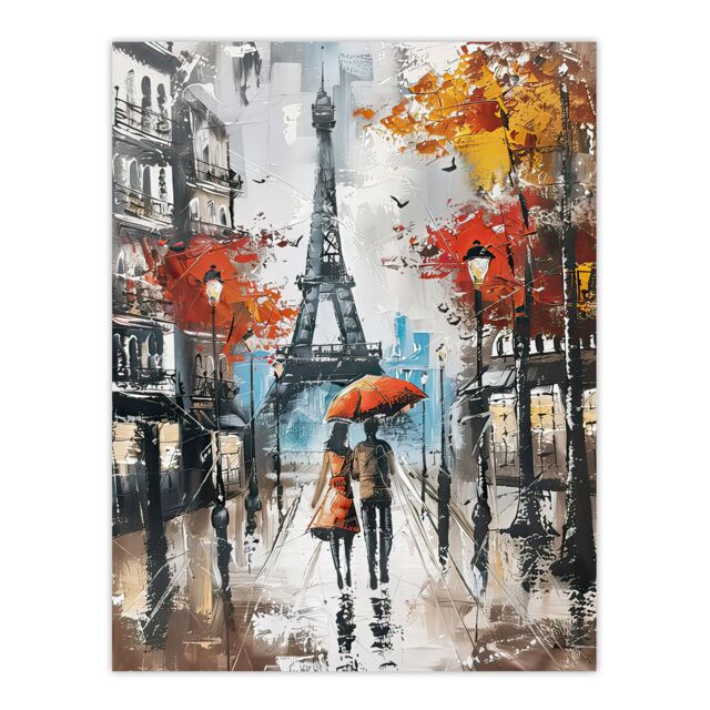 "Artery8 Umbrella Lovers Abstract Autumn Paris Cityscape Wall Art Print in Grey - Size: W18"" x H24""" - image 1