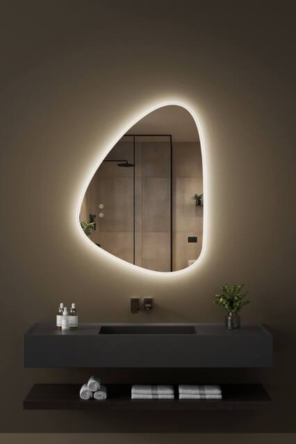 Fascinate Modern Irregular LED Bathroom Mirror - 3 Colour Dimmable Anti-Fog 80x60cm in Silver - Size: 800mm x 600mm