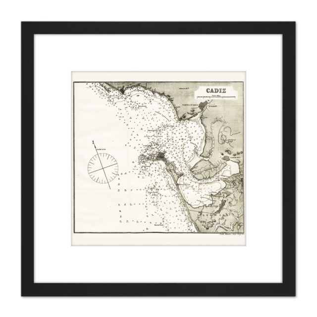 Artery8 Map Antique Rosser 1869 Cadiz Spain Historic Replica 8X8 Inch Square Wooden Framed Wall Art Print Picture with Mount in Black - image 1