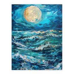 "Artery8 Oceans Waves Under Full Moon Oil Painting Dark Wall Art Print in Blue - Size: W12"" x H16""" - thumbnail 1