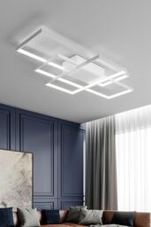 Living and Home Layered Geometric Rectangular LED Flush Mount Ceiling Light in White