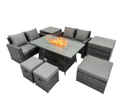 Fimous Outdoor Love Sofa Set 7 Seat & Gas Firpit Table 3 Stools 2 Side Table in Dark Grey - thumbnail 2