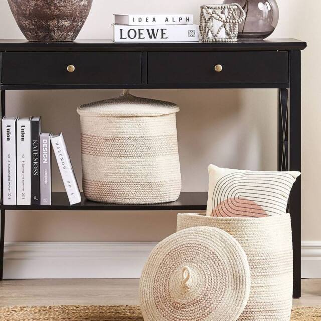 Wyld and Coco Set of 2 Beige-Pink Cotton Striped Storage Baskets with Lids in Beige - image 1