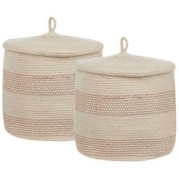 Wyld and Coco Set of 2 Beige-Pink Cotton Striped Storage Baskets with Lids in Beige - thumbnail 2