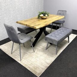 KOSY KOALA Wooden Dining Table with 2 Grey Velvet Chairs & Padded Benches, Dining Room Furniture in Brown - thumbnail 7