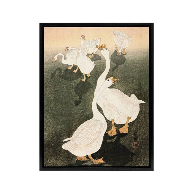 "Artery8 A Flock Of Grazing Geese 1926 Framed Canvas Wall Art Print Ohara Koson in Orange - Size: W12"" x H16""" - image 1