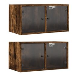 Berkfield Home Wall Cabinets with Glass Doors 2 pcs Smoked Oak 68.5x37x35 cm in Brown - thumbnail 2