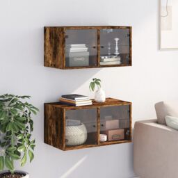 Berkfield Home Wall Cabinets with Glass Doors 2 pcs Smoked Oak 68.5x37x35 cm in Brown - thumbnail 3