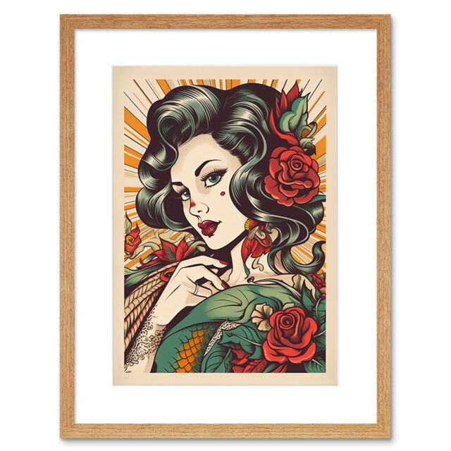 "Artery8 Wall Art Print Tattoo Pin Up Roses Rockabilly Americana 50s Artwork Framed 9X7 Inch in Beige - Size: W7"" x H9""" - image 1
