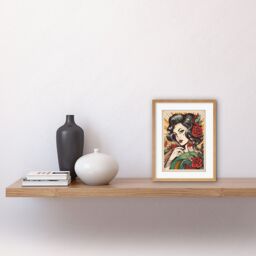"Artery8 Wall Art Print Tattoo Pin Up Roses Rockabilly Americana 50s Artwork Framed 9X7 Inch in Beige - Size: W7"" x H9""" - thumbnail 2