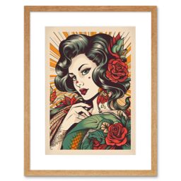 "Artery8 Wall Art Print Tattoo Pin Up Roses Rockabilly Americana 50s Artwork Framed 9X7 Inch in Beige - Size: W7"" x H9""" - thumbnail 1