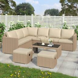 Direct Wicker Garden Corner Sofa Set Rattan Furniture with Coffee Table Stools in Beige - Size: 4 Pack - thumbnail 1