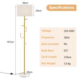 Costway Modern Floor Lamp with Coat Rack Freestanding Lamp W/ 5 Hooks & Foot Switch E27 in Gold - thumbnail 2