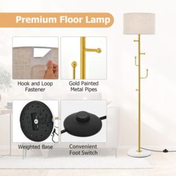 Costway Modern Floor Lamp with Coat Rack Freestanding Lamp W/ 5 Hooks & Foot Switch E27 in Gold - thumbnail 4