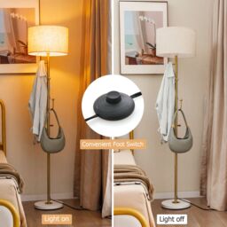 Costway Modern Floor Lamp with Coat Rack Freestanding Lamp W/ 5 Hooks & Foot Switch E27 in Gold - thumbnail 3