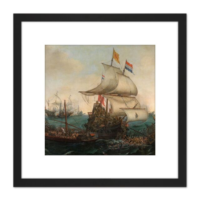 Artery8 Vroom Dutch Ships Ramming Spanish Galleys 8X8 Inch Square Wooden Framed Wall Art Print Picture with Mount in Black - image 1