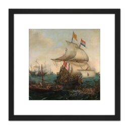 Artery8 Vroom Dutch Ships Ramming Spanish Galleys 8X8 Inch Square Wooden Framed Wall Art Print Picture with Mount in Black - thumbnail 1