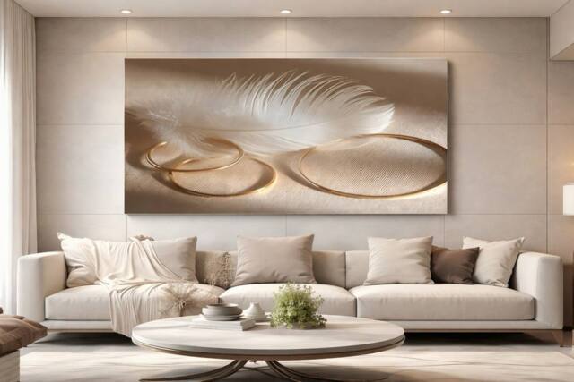 Mafett Luxury Feather Gold Rings Canvas Neutral Modern Wall Art in Beige - image 1