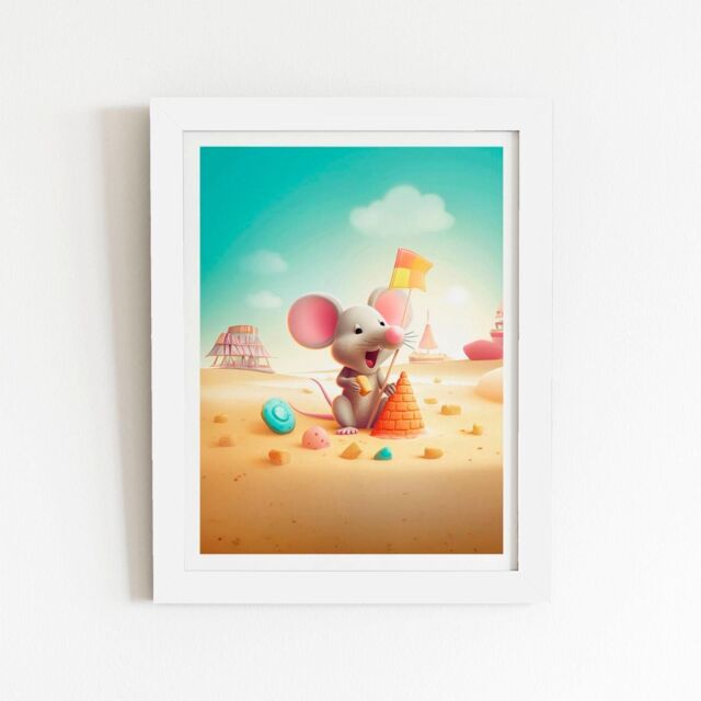 "Warren Reed - Designer A Mouse On A Beach Holiday Framed Art Print in White - Size: W20"" x H30""" - image 1