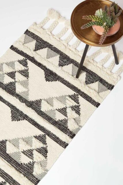 Homescapes Kota Black & Grey Kilim Runner Wool Rug 66 x 200 cm - Size: 66 cm x 200 cm - image 1
