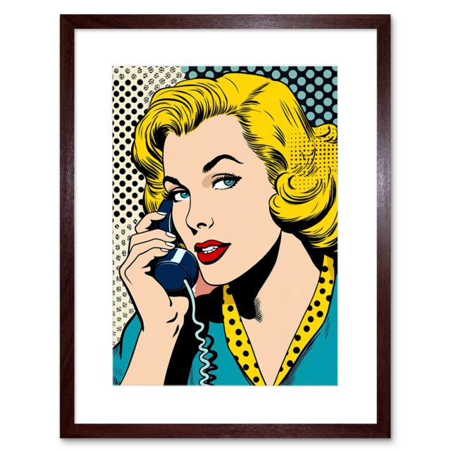 "Artery8 Wall Art Print Halftone Hello Comic Book Style 1950s Woman Telephone Bright Polka Dot Pattern Artwork Framed 9X7 Inch - Size: W7"" x H9""" - image 1