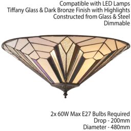 Loops Tiffany Glass Semi-Flush Ceiling Light - Art Deco Round Inverted Shade - i00033 in Clear - thumbnail 2