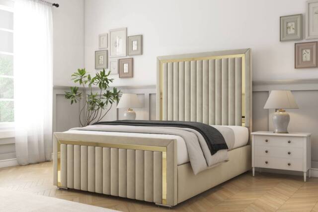 "Comfort Beds Boston Gold Plush Bed Frame - 50"" Upholstered Headboard in Cream - Size: Super King" - image 1