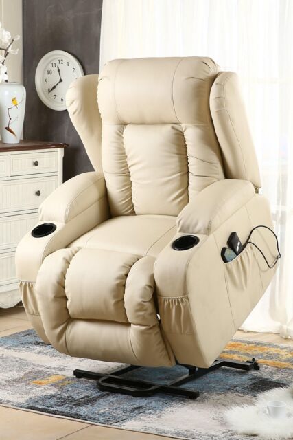 More4Homes Caesar Single Motor Rise Recliner Bonded Leather Heat & Massage Chair in Cream - image 1