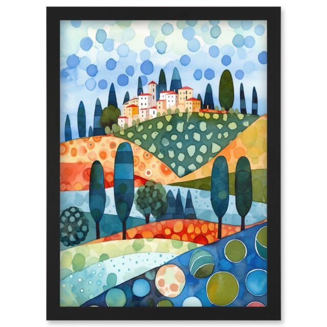 Artery8 Italian Abstract Landscape Folk Art Artwork Framed Wall Art Print A4 in Black - image 1