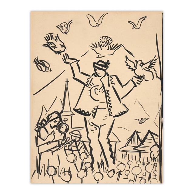 "Artery8 Study for Joy Family Ink Drawing Kubincan Wall Art Poster Print in Beige - Size: W24"" x H32""" - image 1