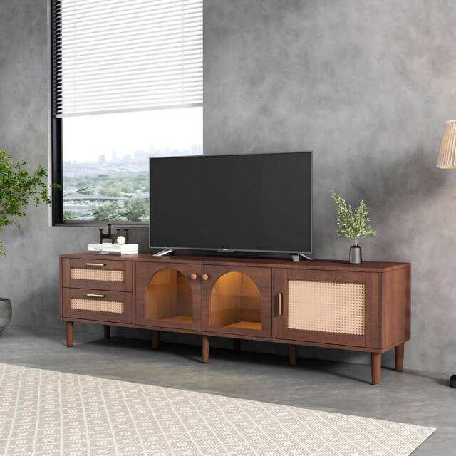ModernLuxe Modern TV cabinet with rattan drawers, glass doors & LED lighting in Brown - image 1