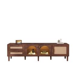 ModernLuxe Modern TV cabinet with rattan drawers, glass doors & LED lighting in Brown - thumbnail 2