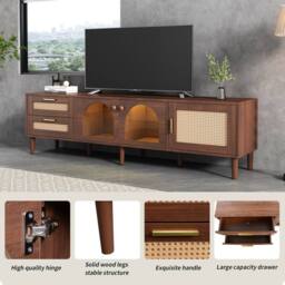 ModernLuxe Modern TV cabinet with rattan drawers, glass doors & LED lighting in Brown - thumbnail 4