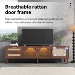 ModernLuxe Modern TV cabinet with rattan drawers, glass doors & LED lighting in Brown - thumbnail 5