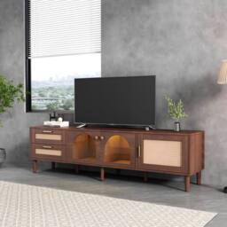 ModernLuxe Modern TV cabinet with rattan drawers, glass doors & LED lighting in Brown