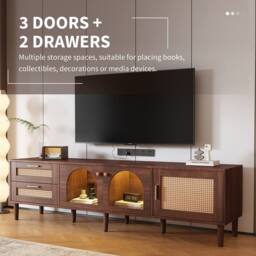ModernLuxe Modern TV cabinet with rattan drawers, glass doors & LED lighting in Brown - thumbnail 6