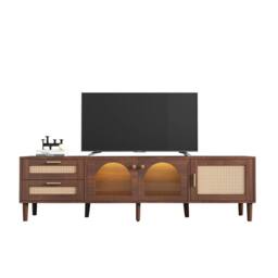 ModernLuxe Modern TV cabinet with rattan drawers, glass doors & LED lighting in Brown - thumbnail 3