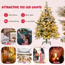 Gymax 136CM Flocked Christmas Tree 384 Mixed Tips 150 LED Lights Hinged Xmas Decor in Green - thumbnail 3