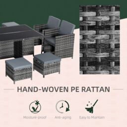 OUTSUNNY Rattan Dining Set Garden Furniture Cube Table Chair Stool Cushion Seat in Grey - thumbnail 5