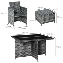 OUTSUNNY Rattan Dining Set Garden Furniture Cube Table Chair Stool Cushion Seat in Grey - thumbnail 3