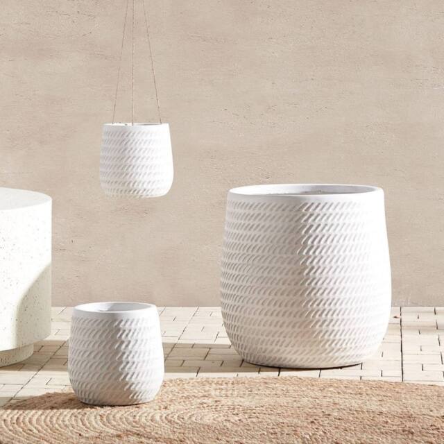 Wyld and Coco 39cm Off-White Embossed Fibre Clay Round Plant Pot in White - image 1