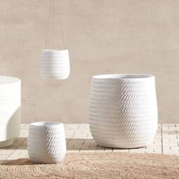 Wyld and Coco 39cm Off-White Embossed Fibre Clay Round Plant Pot in White - thumbnail 1