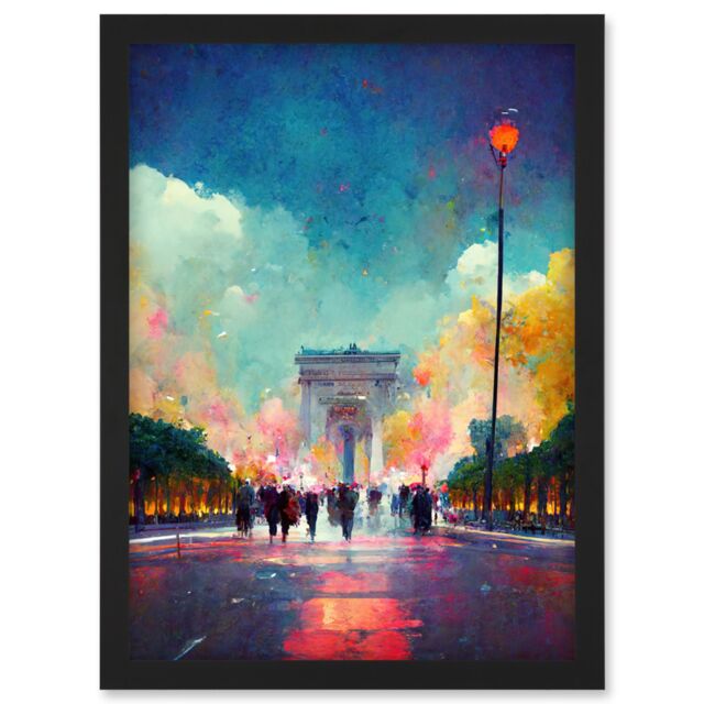 Artery8 Colourful Champs-Elysees & Arc De Triomphe Modern Artwork Framed Wall Art Print A4 in Black - image 1