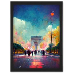 Artery8 Colourful Champs-Elysees & Arc De Triomphe Modern Artwork Framed Wall Art Print A4 in Black - thumbnail 1